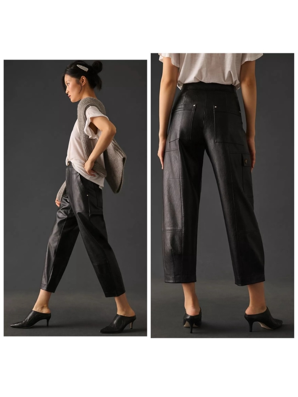 Anthropologie Black Faux Leather Cropped Cargo Pants Size 12 NWOT